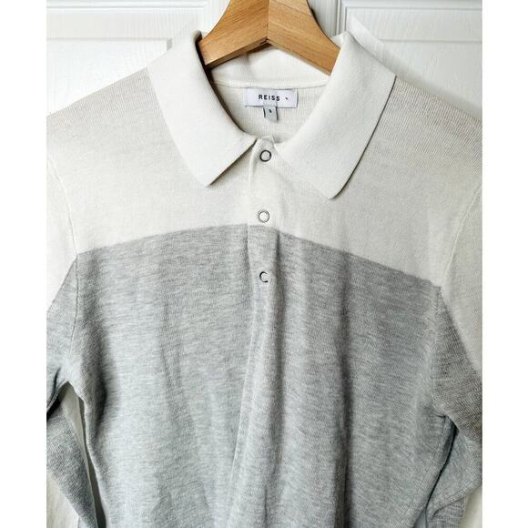 Reiss Gray White Colorblock Wool Blend Long Sleeve Ruffano Polo Shirt Men's S - Picture 3 of 5